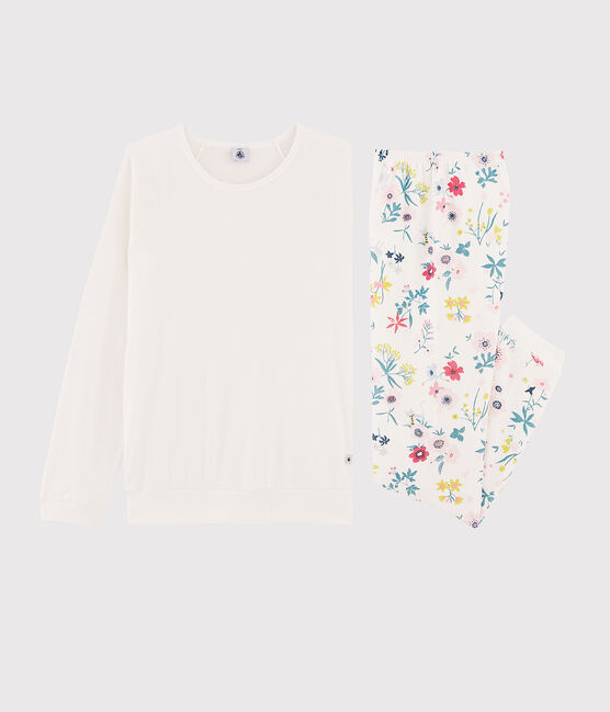 Pyjama fille / femme à fleurs bimatière blanc MARSHMALLOW/blanc MULTICO