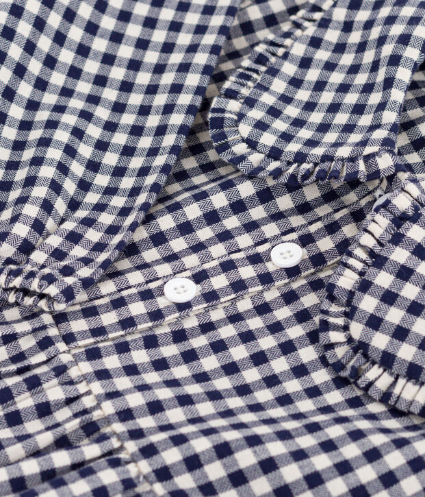 Robe enfant manches longues en flanelle &agrave; carreaux bleu/&eacute;cru