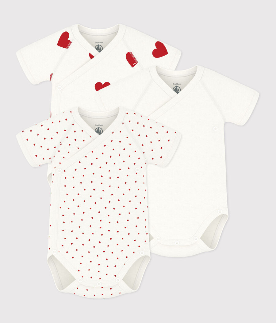 Lot de 3 bodies croisés manches courtes en coton cœurs bébé (Petit Bateau) - Couverture