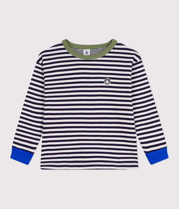 Tee-shirt enfant manches longues en coton &agrave; rayures bleu/&eacute;cru