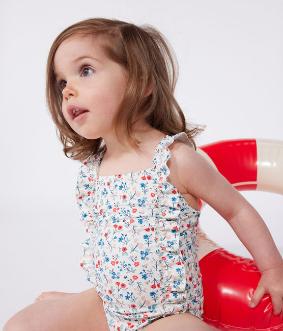 Maillot de bain bébé une pièce à volants, imprimé fleuri blanc MARSHMALLOW/blanc MULTICO