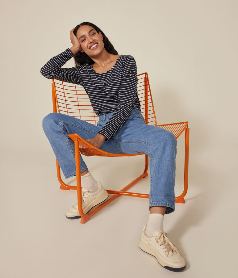 Tee-shirt Le Droit manches longues col danseuse en jersey flamm&eacute; femme bleu/beige