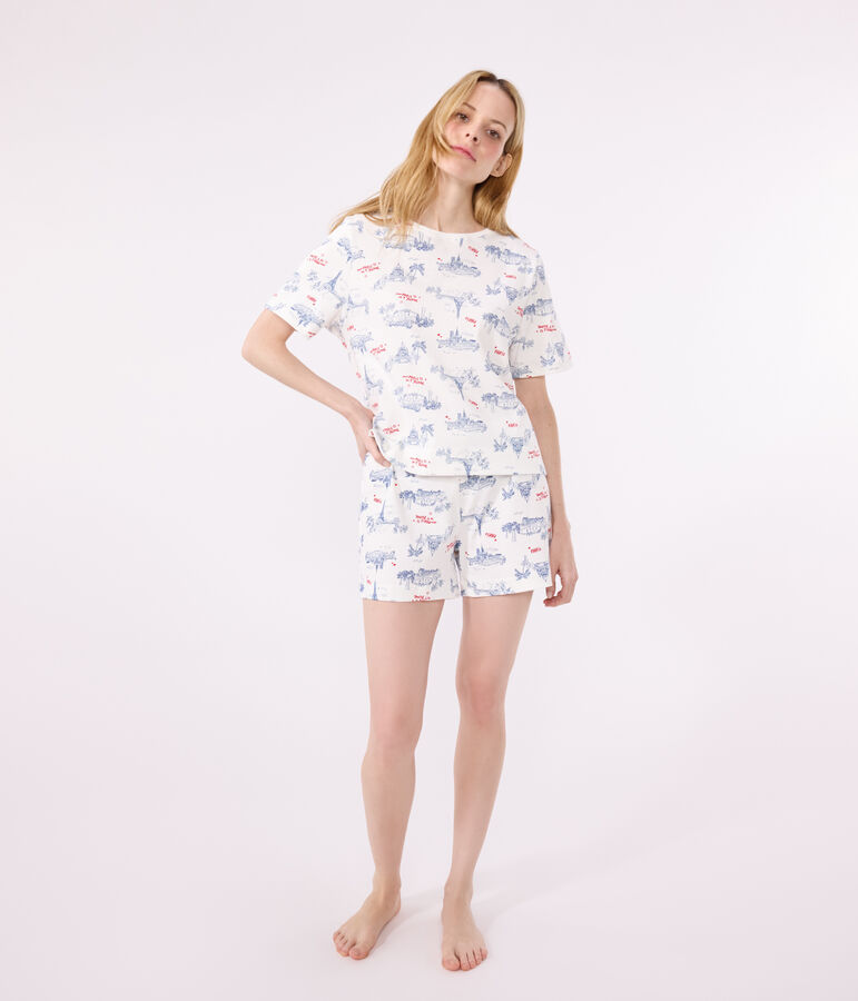Pyjama short femme en coton imprim&eacute; Paris blanc MARSHMALLOW/blanc MULTICO