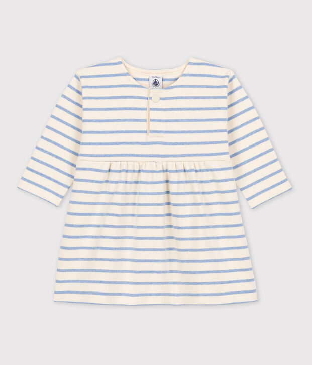 Robe manches longues b&eacute;b&eacute; &agrave; rayure marini&egrave;re en coton &eacute;cru/bleu