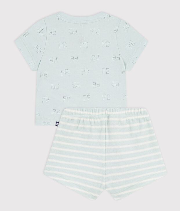 Ensemble court 2 pi&egrave;ces b&eacute;b&eacute; en coton, bas ray&eacute; bleu/&eacute;cru