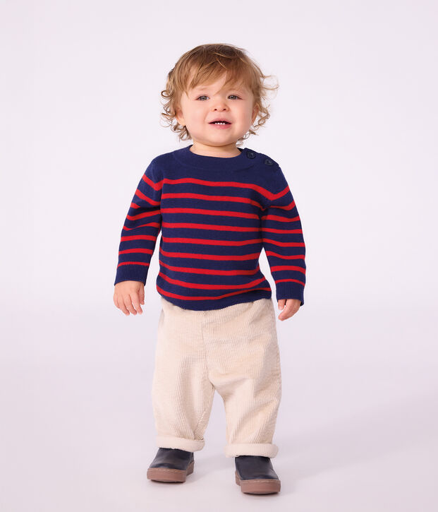 Pull marin b&eacute;b&eacute; en laine et coton &agrave; rayures bleu/rouge