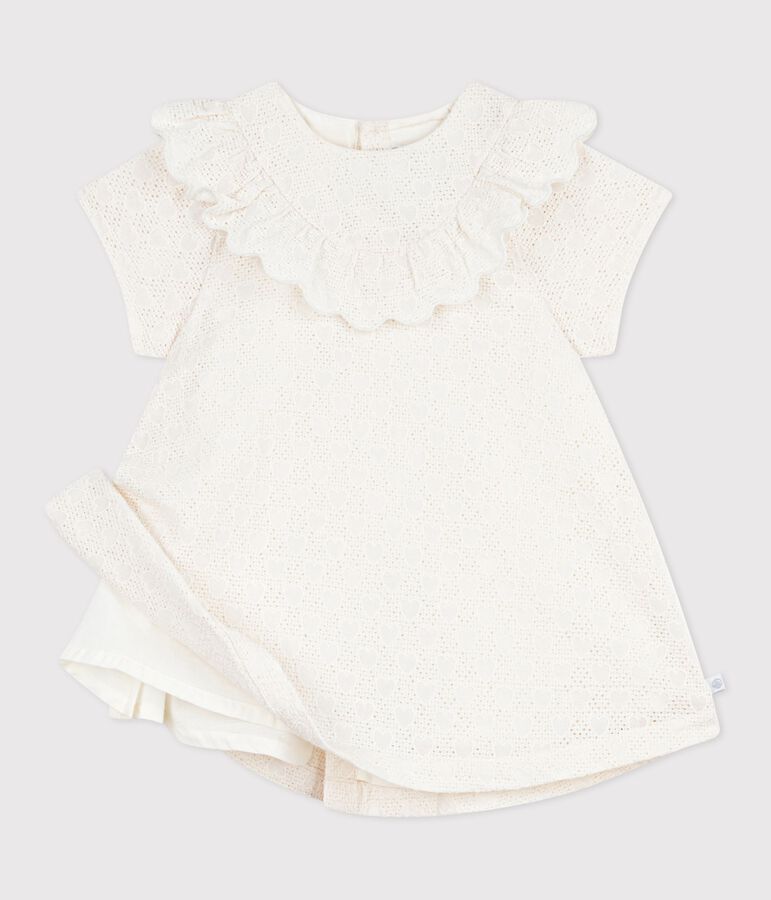 Robe b&eacute;b&eacute; en broderie anglaise manches courtes, motifs c&oelig;urs blanc MARSHMALLOW