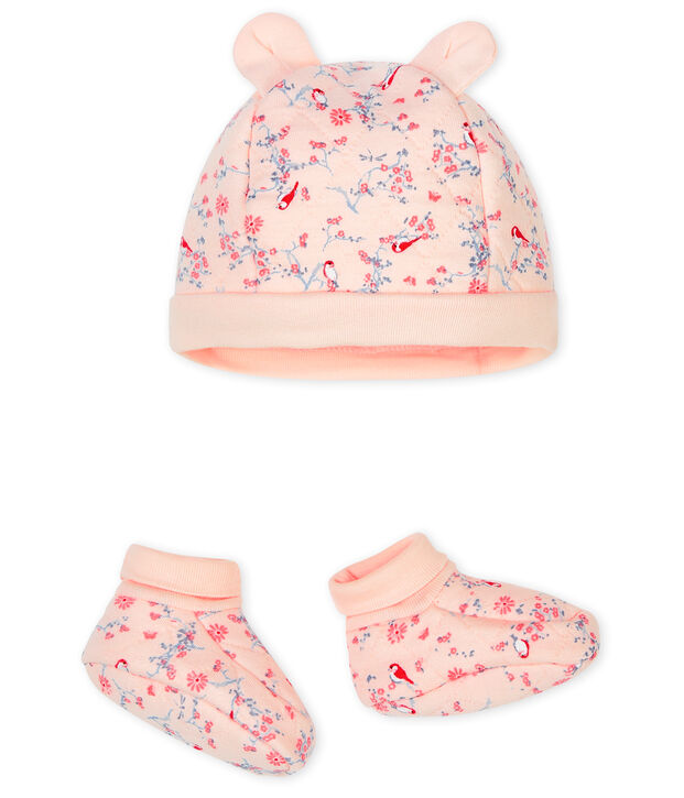 Lot bonnet naissance et chaussons b&eacute;b&eacute; en tubique rose/multicouleur
