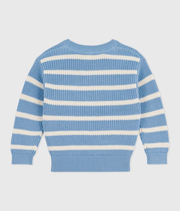 Pull enfant en tricot bleu/&eacute;cru