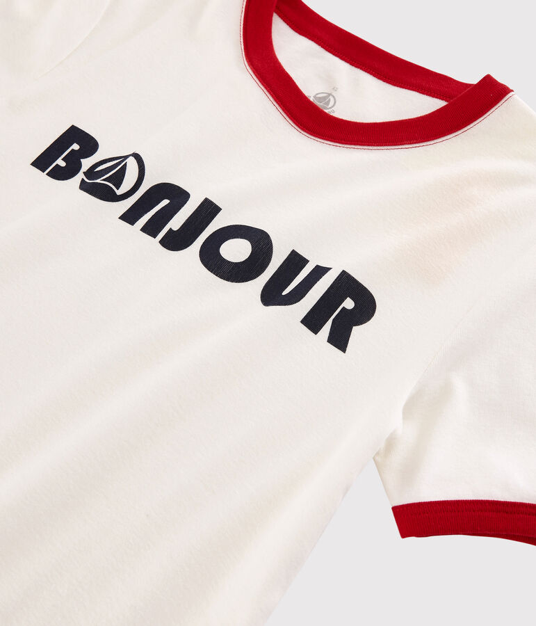 T-shirt imprim&eacute; Bonjour Femme blanc/rouge