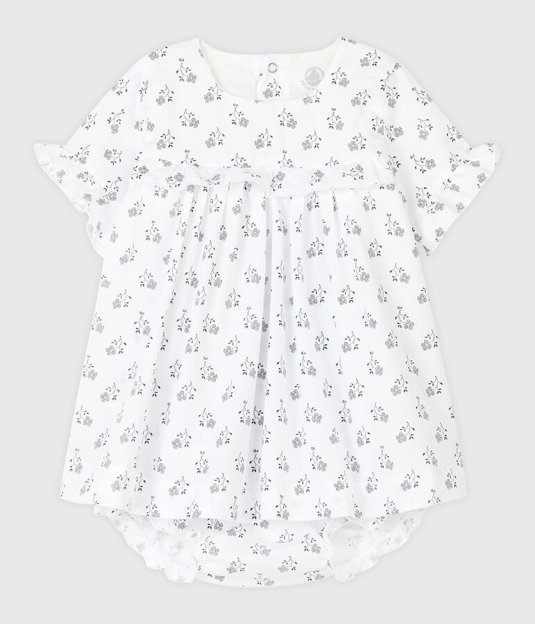Robe avec bloomer &agrave; imprim&eacute; fleurs b&eacute;b&eacute; fille en popeline blanc MARSHMALLOW/blanc MULTICO