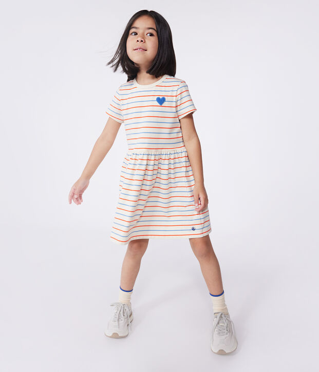 Robe enfant en coton manches courtes &agrave; rayures  et c&oelig;ur &eacute;cru/multicouleur
