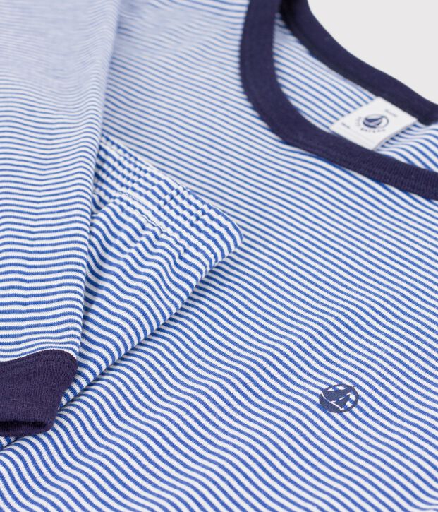 Pyjama enfant en coton &agrave; rayures bleu/blanc