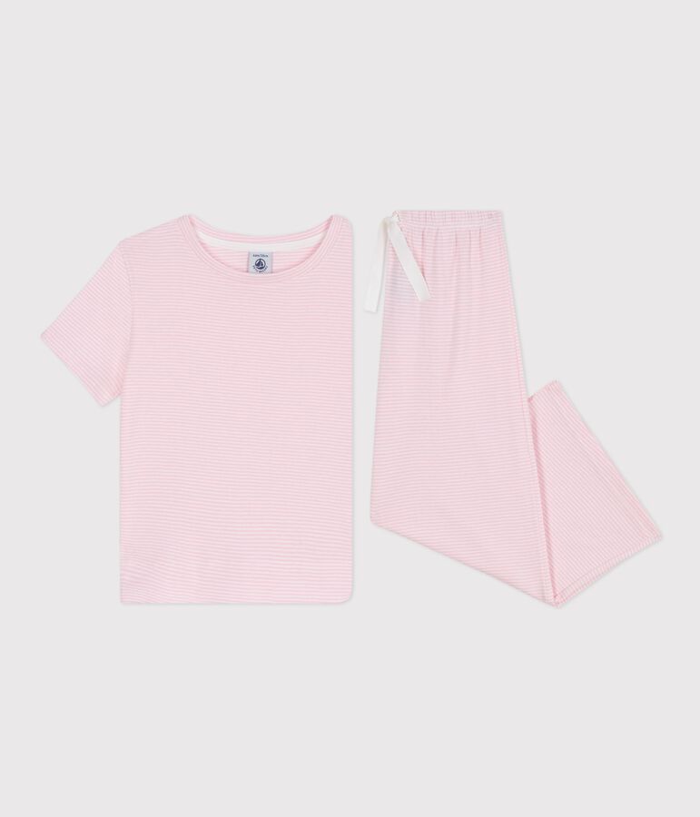 Pyjama enfant en coton manches courtes jambes larges &agrave; rayures rose MARQUISE/ MARSHMALLOW