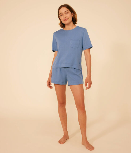 Pyjama short et tee-shirt uni en coton ajouré femme bleu BEACH