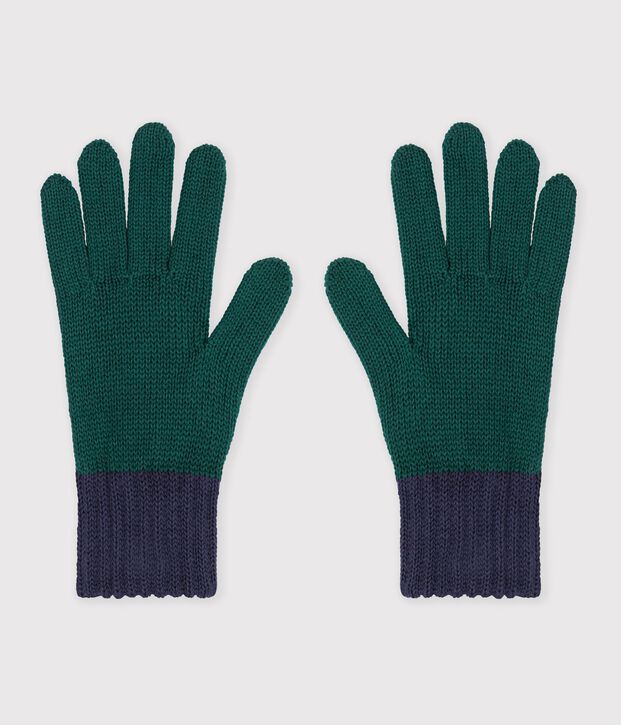 Gants enfant en tricot bicolore doubl&eacute; polaire vert/bleu