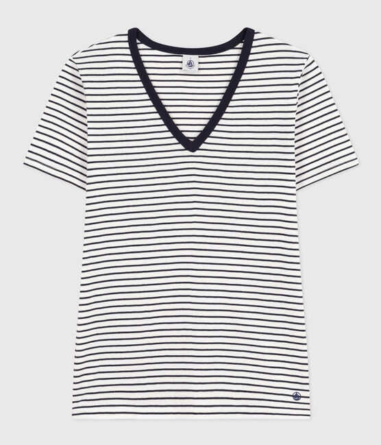 Tee-shirt l'Iconique col V en coton rayé femme blanc MARSHMALLOW/bleu SMOKING