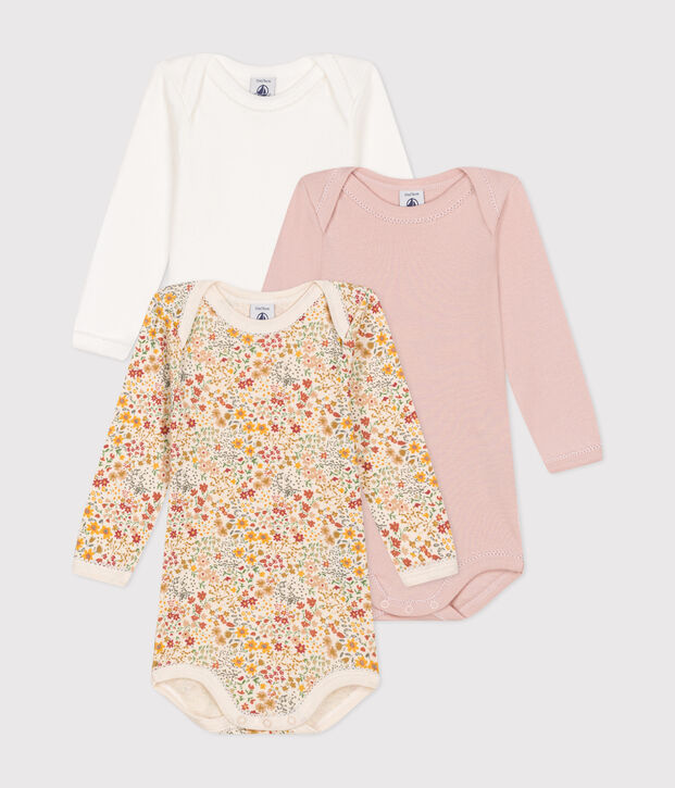 Lot de 3 bodies manches longues fleurs en coton b&eacute;b&eacute; multicouleur
