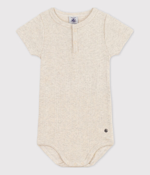 Body manches courtes col tunisien en coton b&eacute;b&eacute; beige chin&eacute;