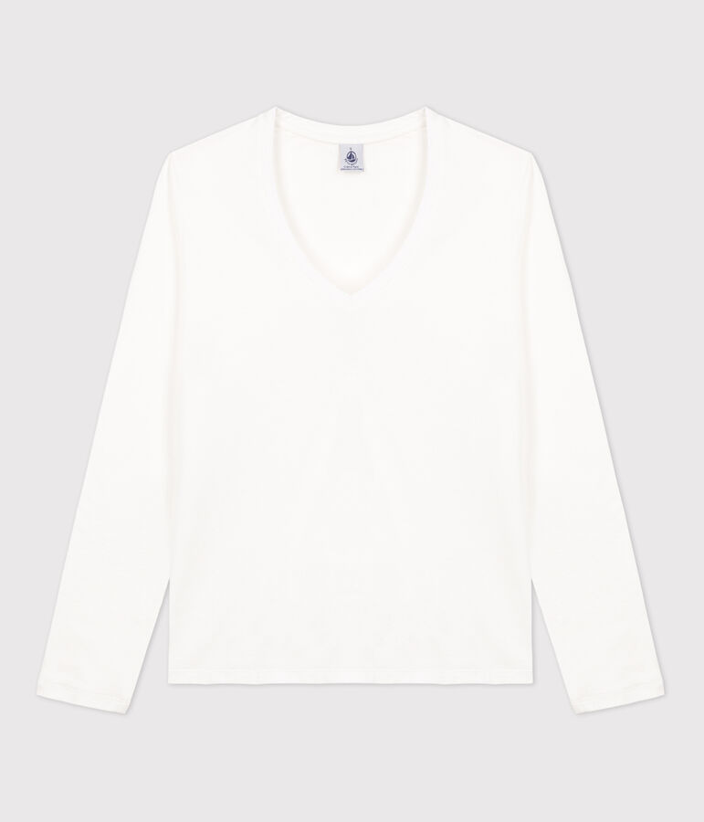 Tee-shirt LE DROIT col V en coton Femme blanc ECUME