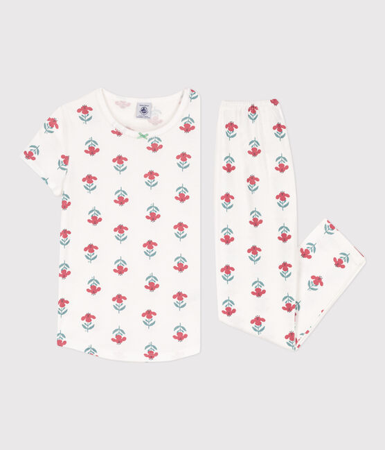 Pyjama manches courtes fleurs en coton petite fille blanc MARSHMALLOW/blanc MULTICO