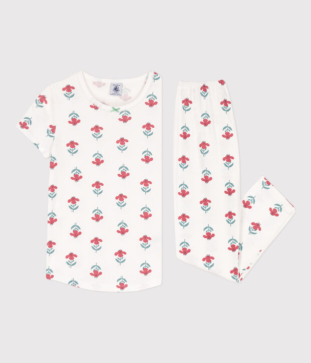 Pyjama manches courtes fleurs en coton petite fille blanc/multicouleur