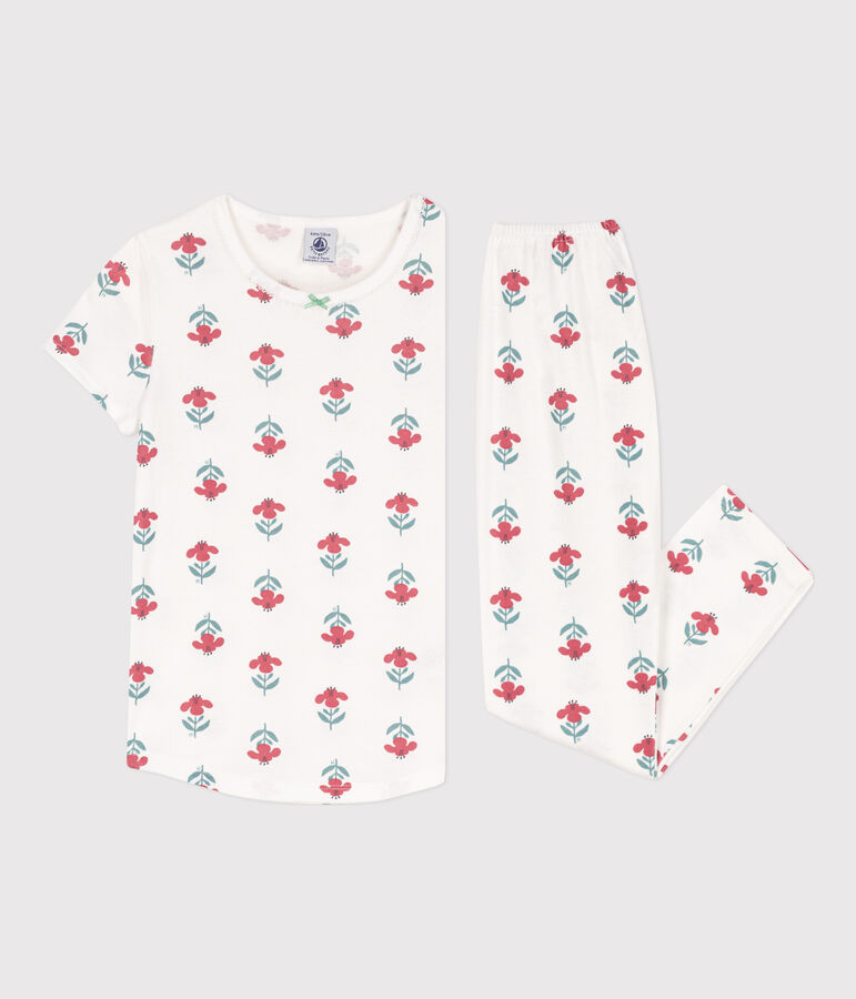 Pyjama manches courtes fleurs en coton petite fille blanc MARSHMALLOW/blanc MULTICO