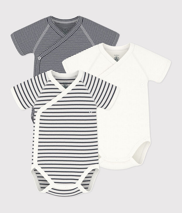 LOT DE 3 BODIES CROIS&Eacute;S MANCHES COURTES RAYURES B&Eacute;B&Eacute; EN COTON multicouleur