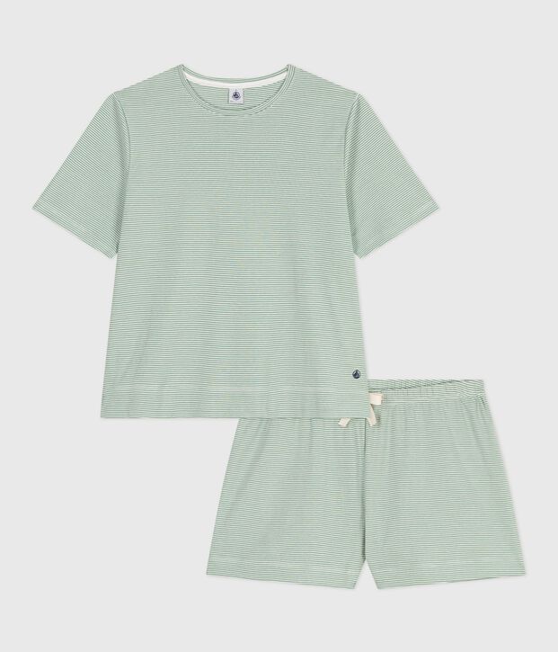 Pyjama short femme en coton &agrave; rayures vert/blanc