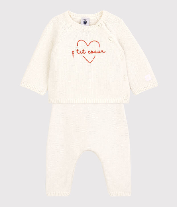 Ensemble 2 pi&egrave;ces b&eacute;b&eacute; en tricot laine et coton blanc