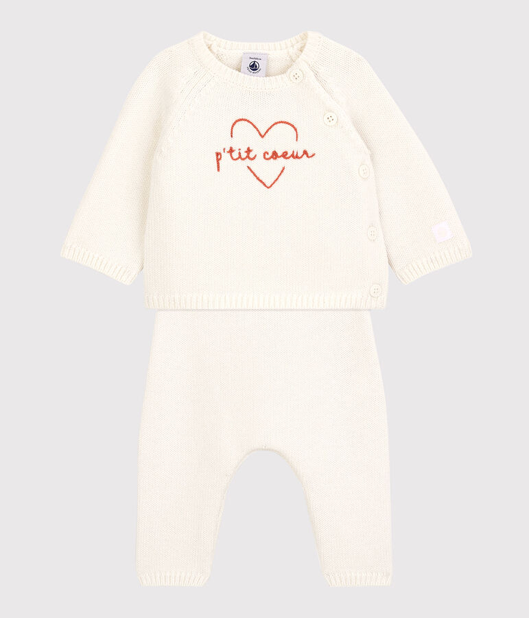 Ensemble 2 pi&egrave;ces b&eacute;b&eacute; en tricot laine et coton blanc