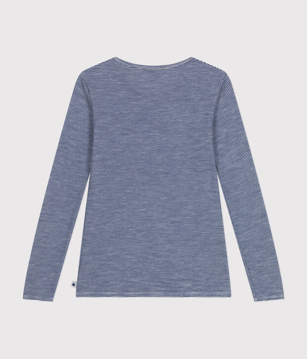 Tee-shirt manches longues ray&eacute; en laine et coton femme bleu/blanc