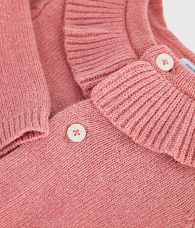 Cardigan b&eacute;b&eacute; en tricot laine et coton uni &agrave; col rose
