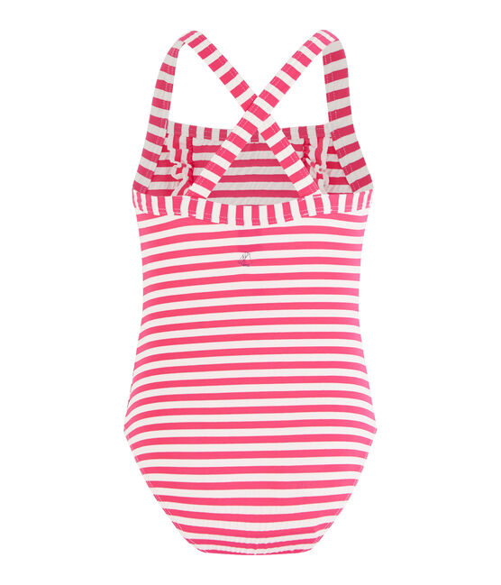 Maillot de bain une pièce à rayures détails de volants. rose GEISHA/blanc MARSHMALLOW