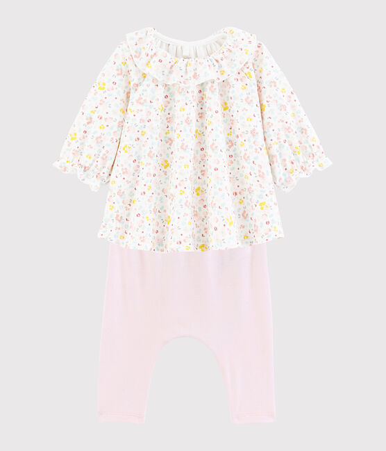 Robe et legging bébé à fleurs en coton biologique blanc MARSHMALLOW/blanc MULTICO