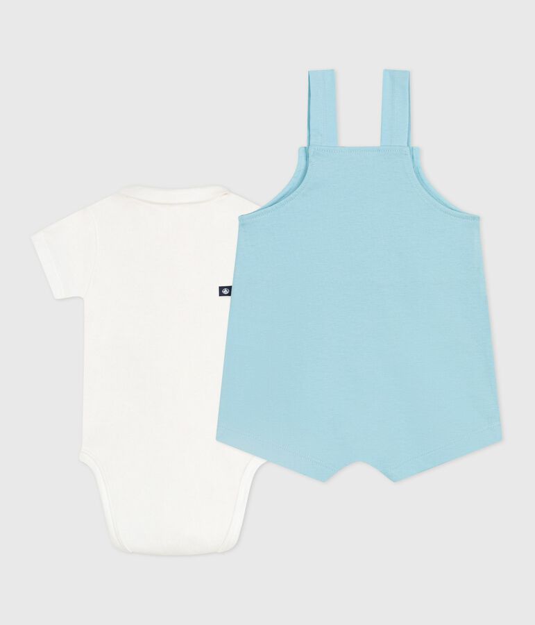Ensemble naissance salopette et body en coton bleu AQUATIC