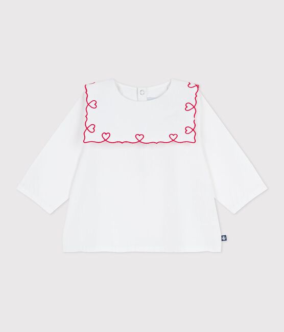 Blouse bébé en popeline de coton manches longues, brodée cœurs blanc ECUME