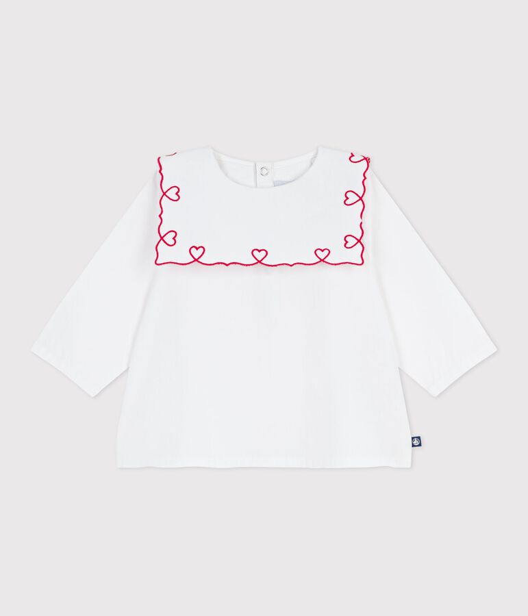 Blouse b&eacute;b&eacute; en popeline de coton manches longues, brod&eacute;e c&oelig;urs blanc ECUME
