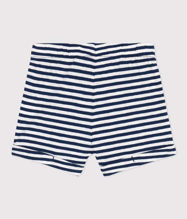 Short b&eacute;b&eacute; en jersey flamm&eacute; ray&eacute; bleu/blanc