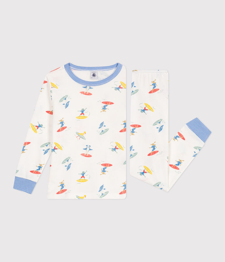 Pyjama enfant en coton manches longues imprim&eacute; surfeurs blanc MARSHMALLOW/blanc MULTICO