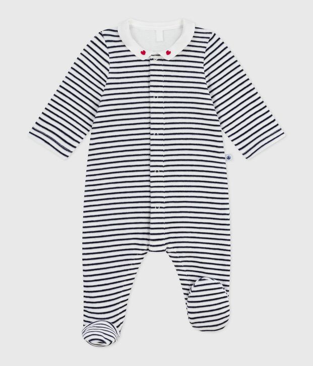 Pyjama b&eacute;b&eacute; en velours &agrave; col imprim&eacute; blanc/bleu