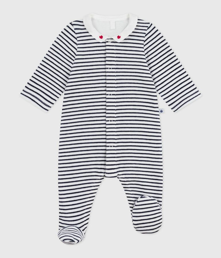 Pyjama b&eacute;b&eacute; en velours &agrave; col imprim&eacute; blanc/bleu