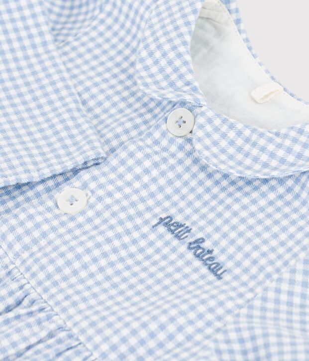 Combinaison courte b&eacute;b&eacute; en coton, &agrave; col imprim&eacute; vichy bleu/blanc
