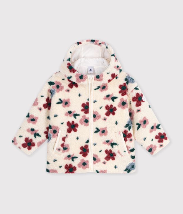 Veste &agrave; capuche enfant en sherpa &agrave; fleurs &eacute;cru/multicouleur