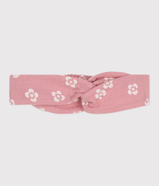 Bandeau b&eacute;b&eacute; en gaze de coton imprim&eacute; fleurs rose/blanc