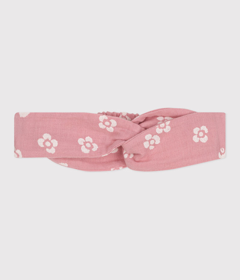 Bandeau b&eacute;b&eacute; en gaze de coton imprim&eacute; fleurs rose/blanc
