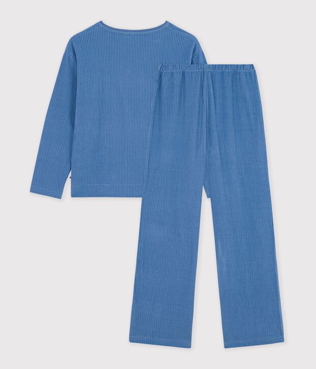 Pyjama femme en velours c&ocirc;tel&eacute; uni bleu