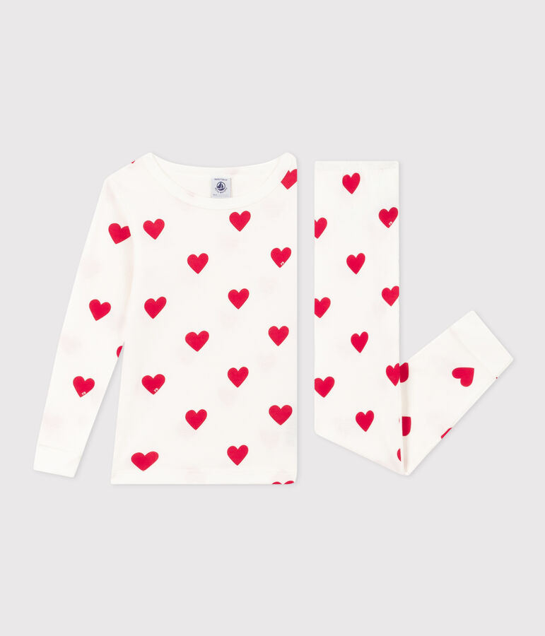 Pyjama ajust&eacute; coeurs en coton petite fille blanc MARSHMALLOW/rouge TERKUIT