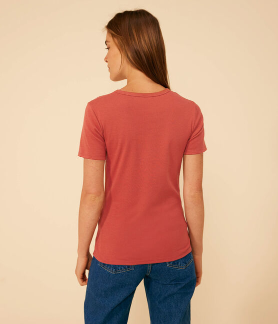 Tee-shirt l'Iconique col V en coton uni femme marron FAMEUX