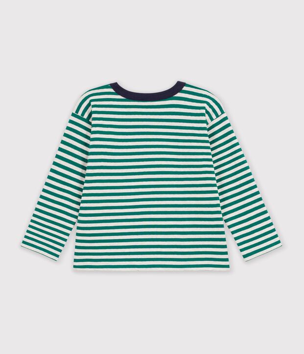 Tee-shirt enfant manches longues &agrave; rayures vert/beige/vert